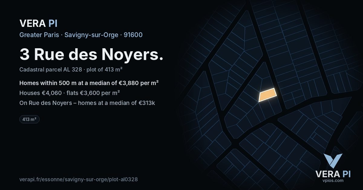3 Rue des Noyers, Savigny-sur-Orge at night – the plot lit, the parcels around coloured by the prices near them