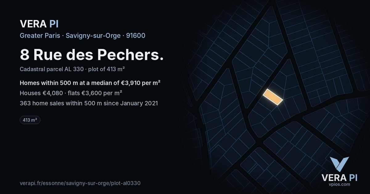 8 Rue des Pechers, Savigny-sur-Orge at night – the plot lit, the parcels around coloured by the prices near them