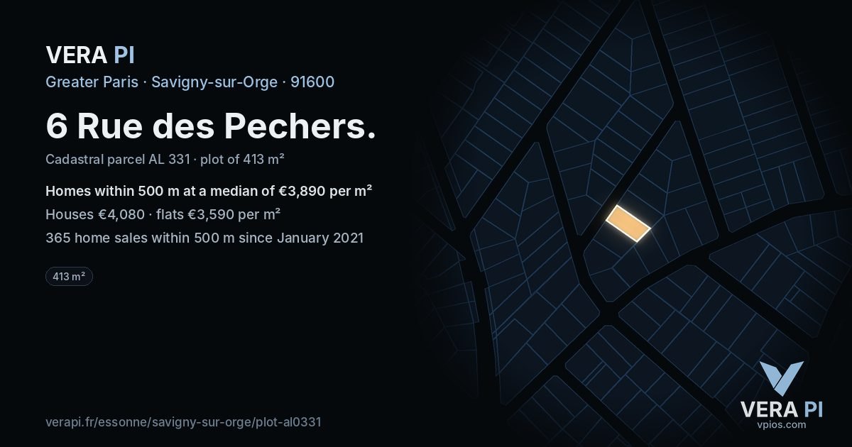 6 Rue des Pechers, Savigny-sur-Orge at night – the plot lit, the parcels around coloured by the prices near them