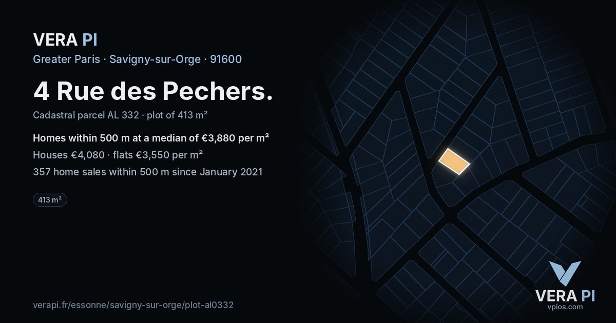 4 Rue des Pechers, Savigny-sur-Orge at night – the plot lit, the parcels around coloured by the prices near them