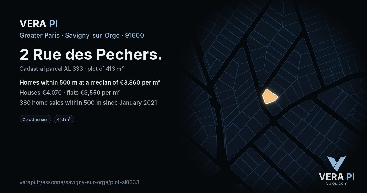 2 Rue des Pechers, Savigny-sur-Orge at night – the plot lit, the parcels around coloured by the prices near them