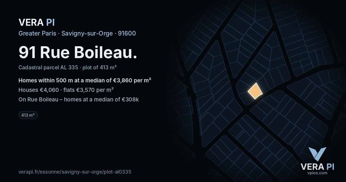 91 Rue Boileau, Savigny-sur-Orge at night – the plot lit, the parcels around coloured by the prices near them