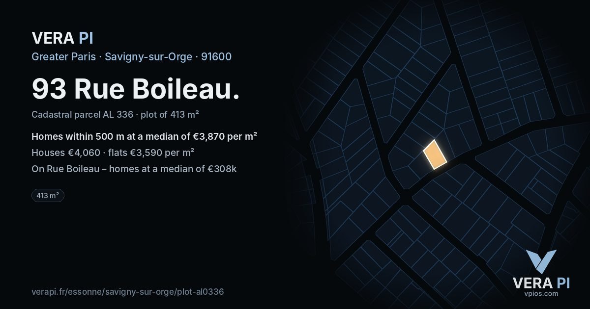 93 Rue Boileau, Savigny-sur-Orge at night – the plot lit, the parcels around coloured by the prices near them