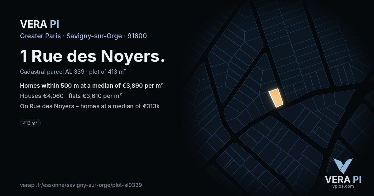 1 Rue des Noyers, Savigny-sur-Orge at night – the plot lit, the parcels around coloured by the prices near them
