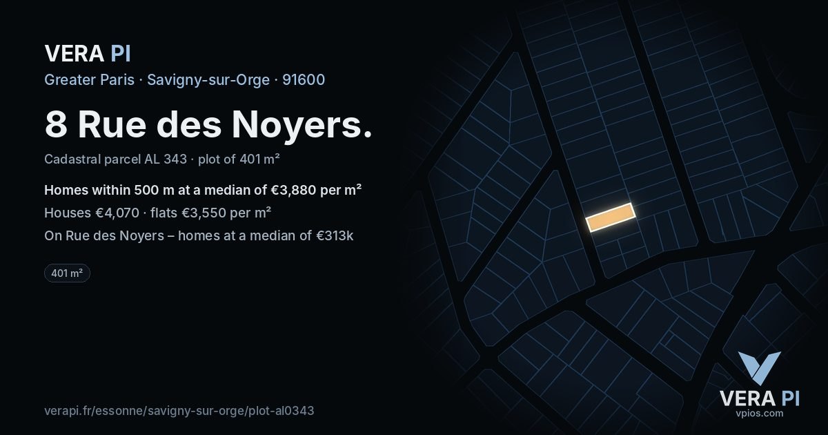 8 Rue des Noyers, Savigny-sur-Orge at night – the plot lit, the parcels around coloured by the prices near them