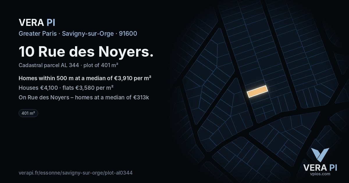 10 Rue des Noyers, Savigny-sur-Orge at night – the plot lit, the parcels around coloured by the prices near them