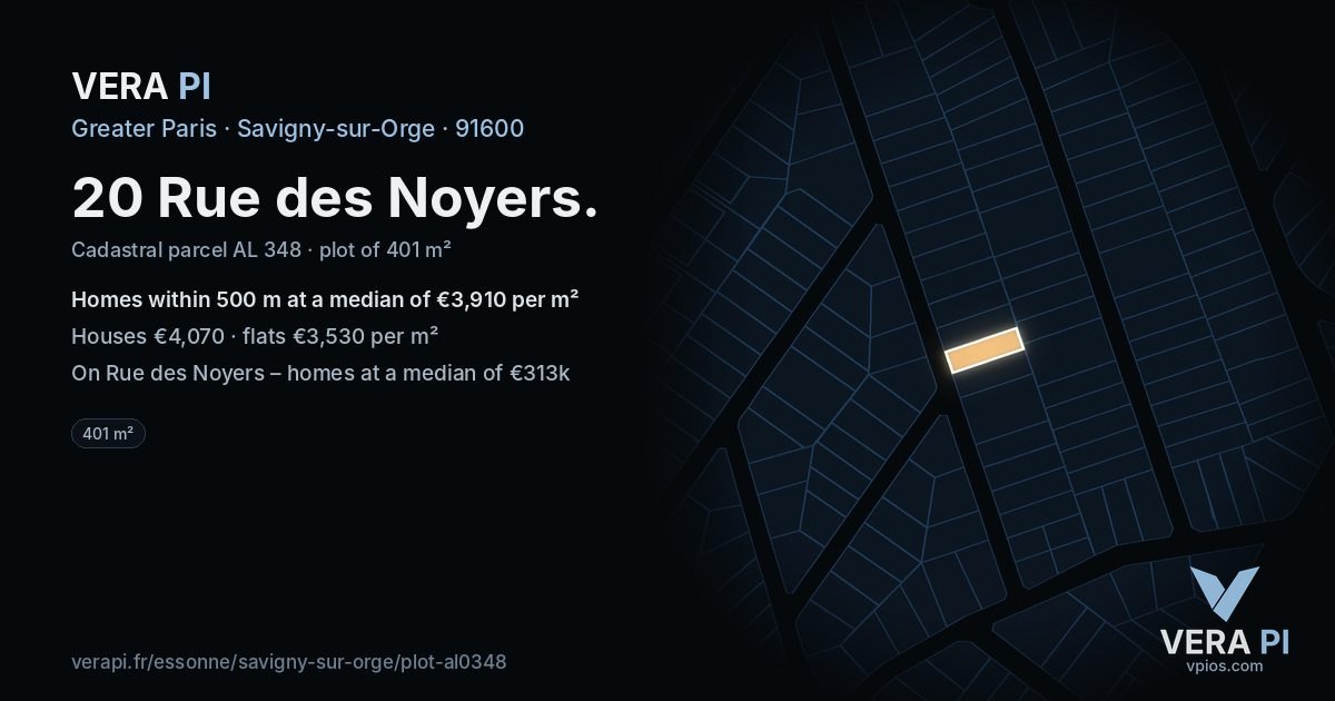 20 Rue des Noyers, Savigny-sur-Orge at night – the plot lit, the parcels around coloured by the prices near them