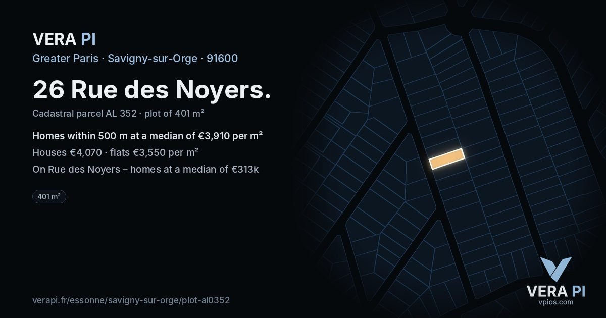 26 Rue des Noyers, Savigny-sur-Orge at night – the plot lit, the parcels around coloured by the prices near them