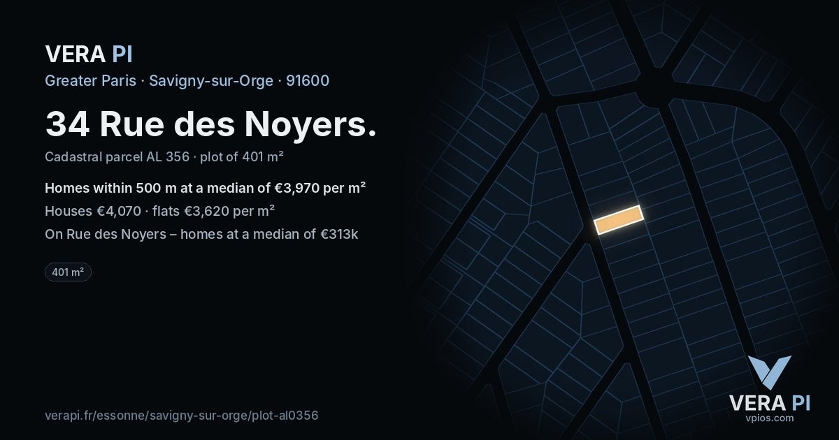 34 Rue des Noyers, Savigny-sur-Orge at night – the plot lit, the parcels around coloured by the prices near them