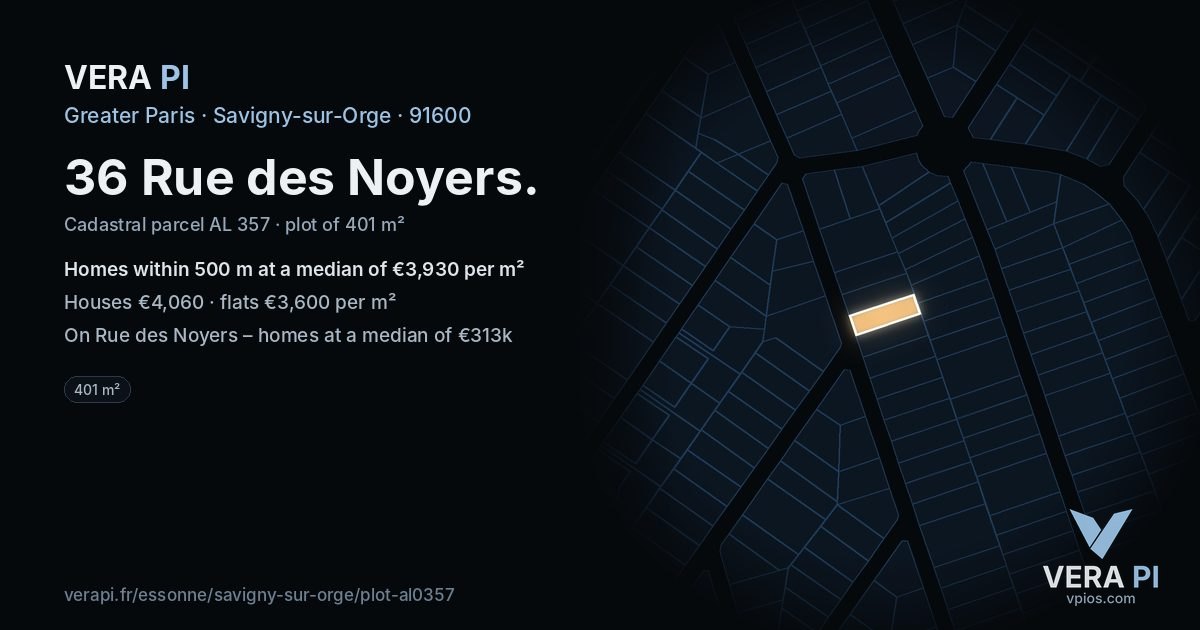 36 Rue des Noyers, Savigny-sur-Orge at night – the plot lit, the parcels around coloured by the prices near them