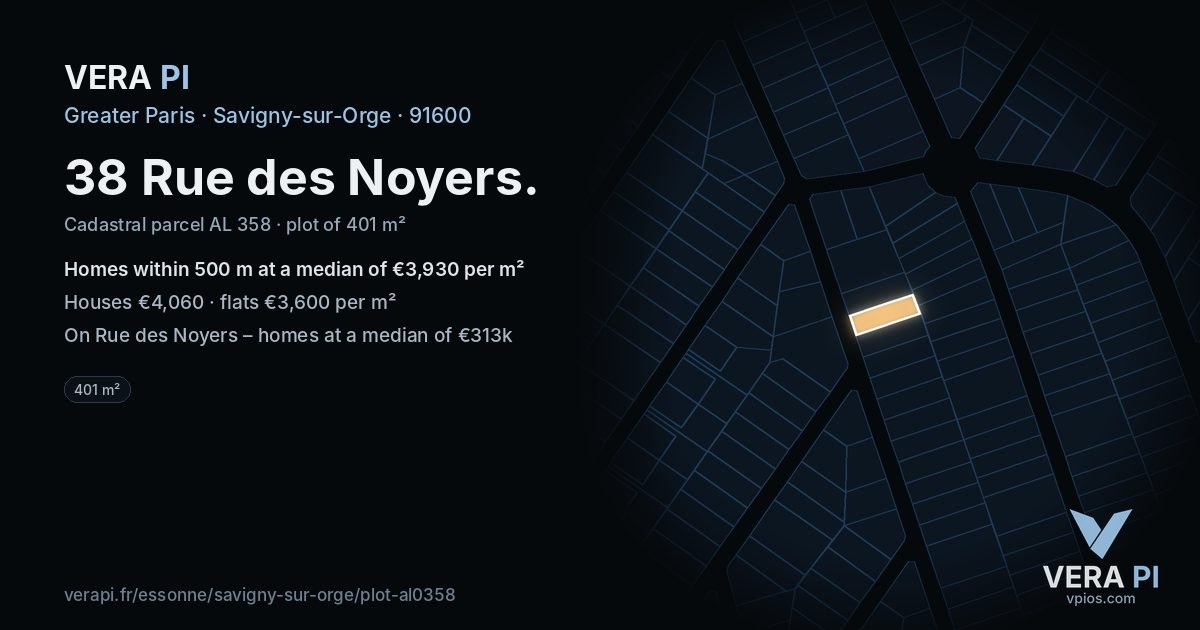 38 Rue des Noyers, Savigny-sur-Orge at night – the plot lit, the parcels around coloured by the prices near them