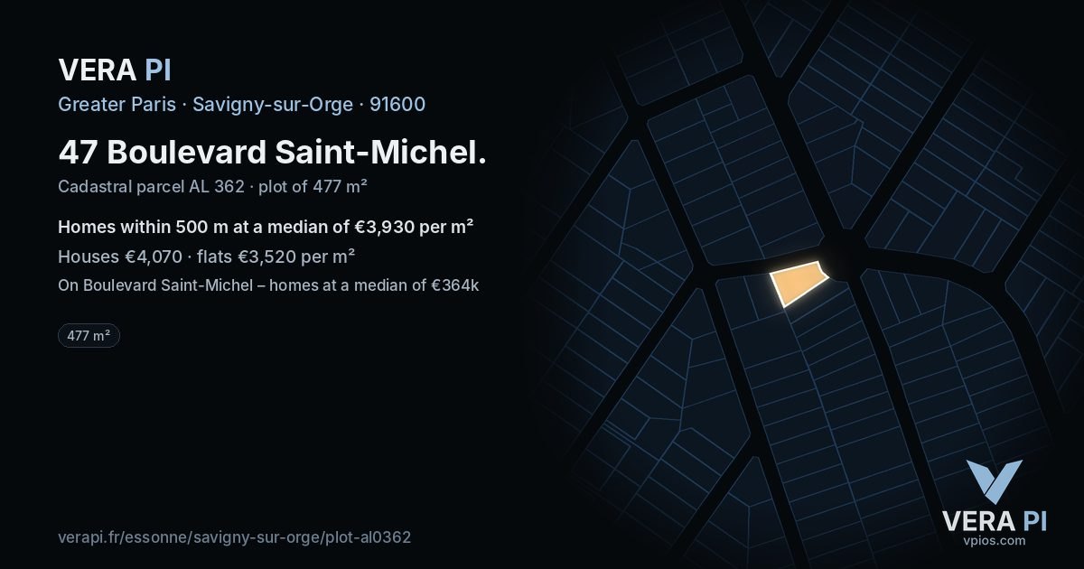 47 Boulevard Saint-Michel, Savigny-sur-Orge at night – the plot lit, the parcels around coloured by the prices near them