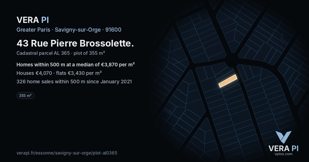 43 Rue Pierre Brossolette, Savigny-sur-Orge at night – the plot lit, the parcels around coloured by the prices near them
