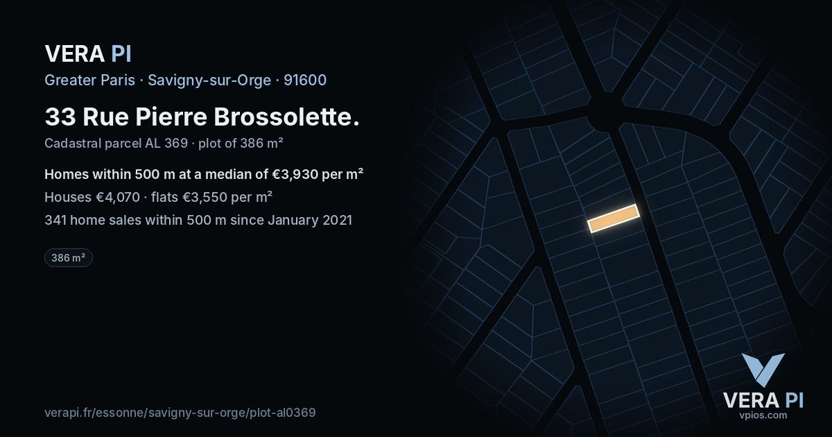 33 Rue Pierre Brossolette, Savigny-sur-Orge at night – the plot lit, the parcels around coloured by the prices near them
