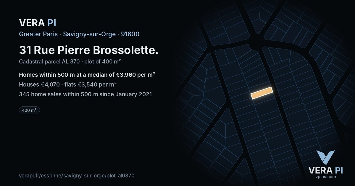 31 Rue Pierre Brossolette, Savigny-sur-Orge at night – the plot lit, the parcels around coloured by the prices near them