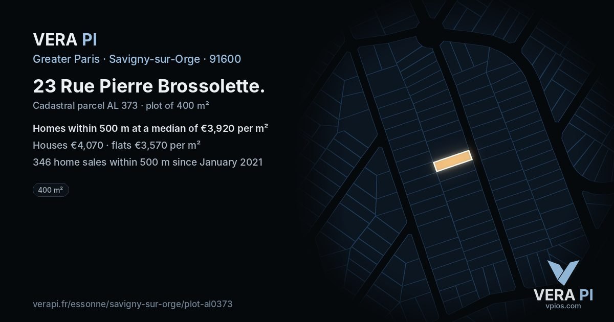 23 Rue Pierre Brossolette, Savigny-sur-Orge at night – the plot lit, the parcels around coloured by the prices near them