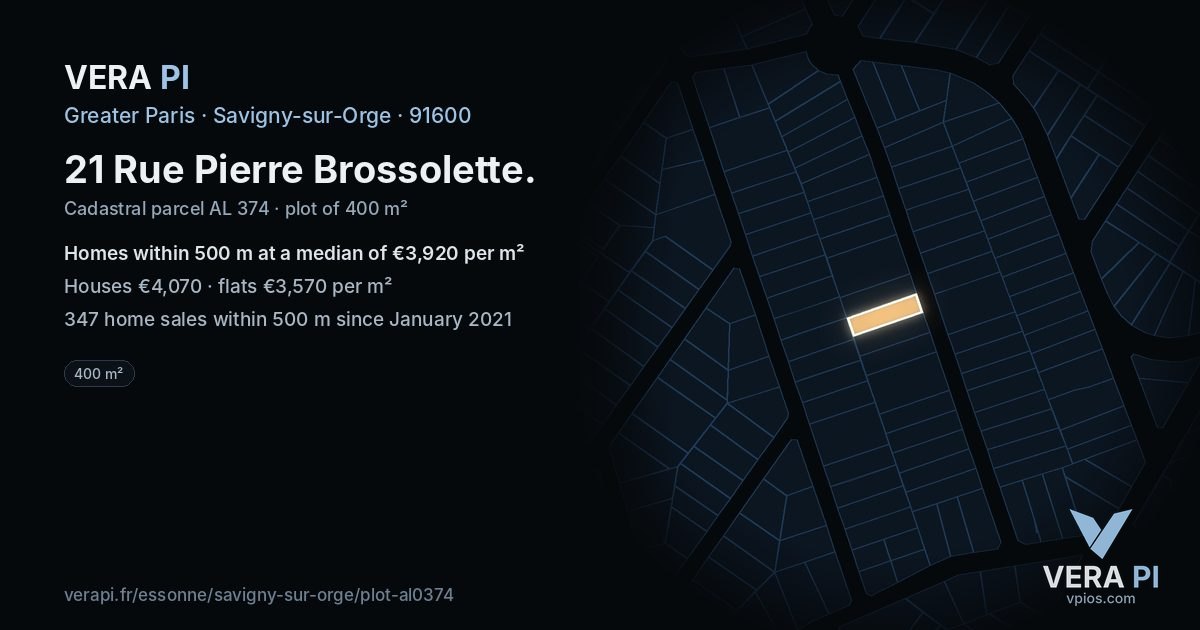 21 Rue Pierre Brossolette, Savigny-sur-Orge at night – the plot lit, the parcels around coloured by the prices near them