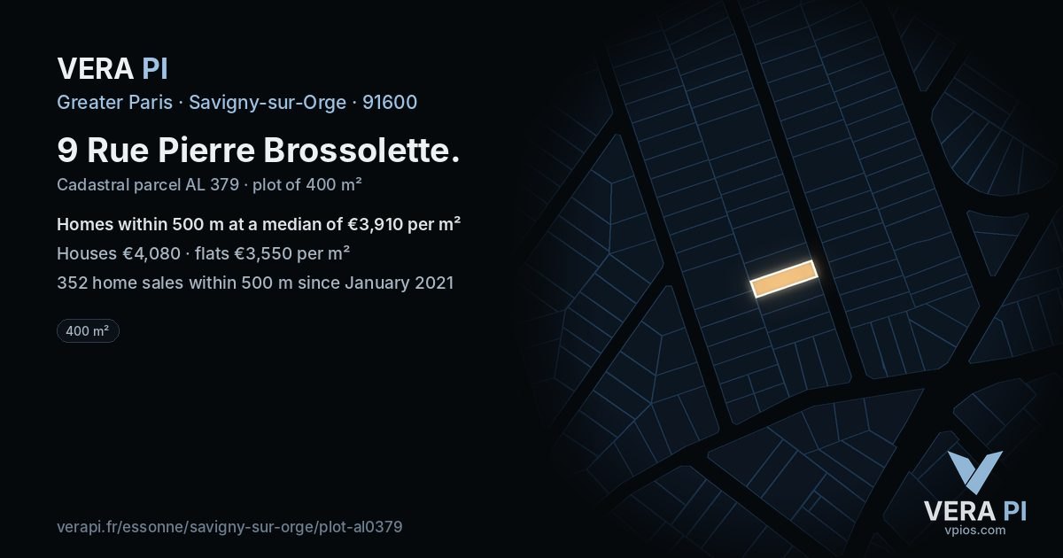 9 Rue Pierre Brossolette, Savigny-sur-Orge at night – the plot lit, the parcels around coloured by the prices near them