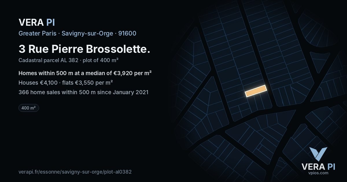 3 Rue Pierre Brossolette, Savigny-sur-Orge at night – the plot lit, the parcels around coloured by the prices near them