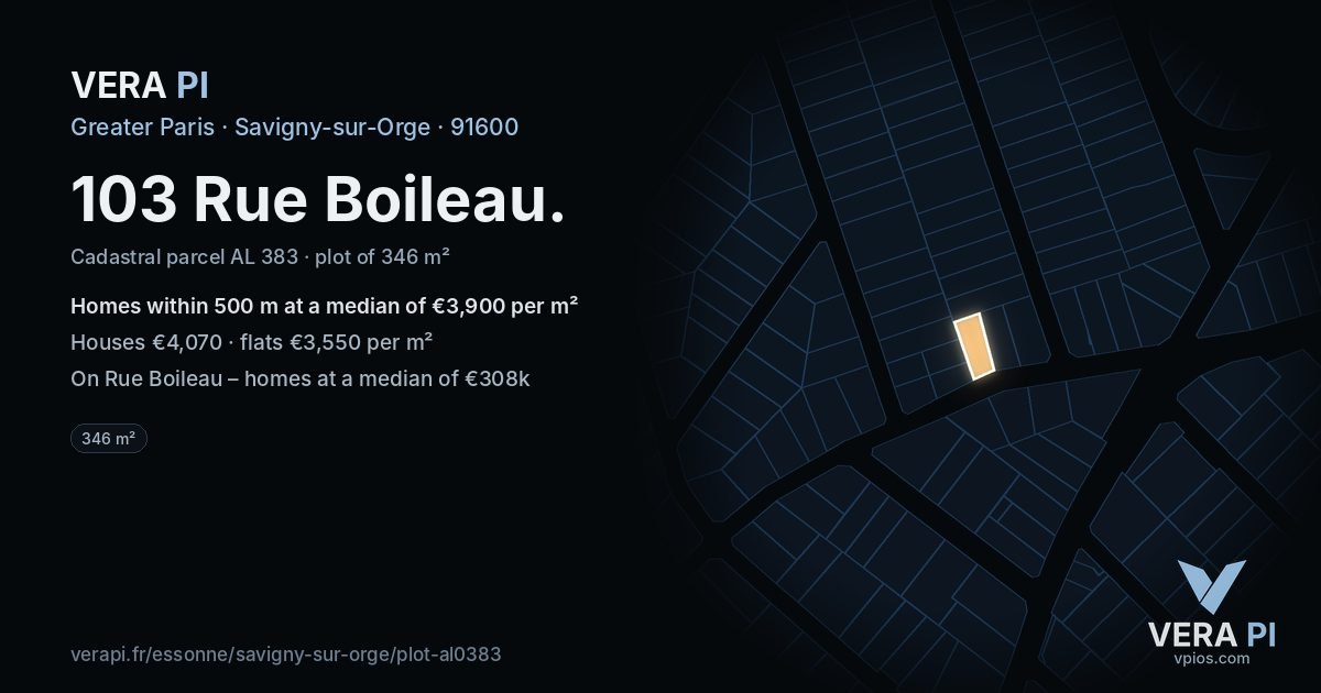 103 Rue Boileau, Savigny-sur-Orge at night – the plot lit, the parcels around coloured by the prices near them