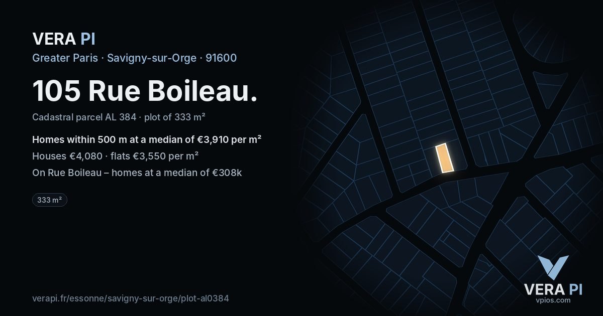 105 Rue Boileau, Savigny-sur-Orge at night – the plot lit, the parcels around coloured by the prices near them