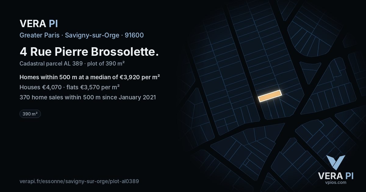 4 Rue Pierre Brossolette, Savigny-sur-Orge at night – the plot lit, the parcels around coloured by the prices near them