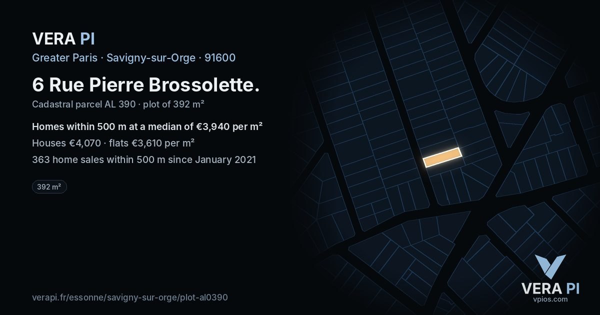 6 Rue Pierre Brossolette, Savigny-sur-Orge at night – the plot lit, the parcels around coloured by the prices near them