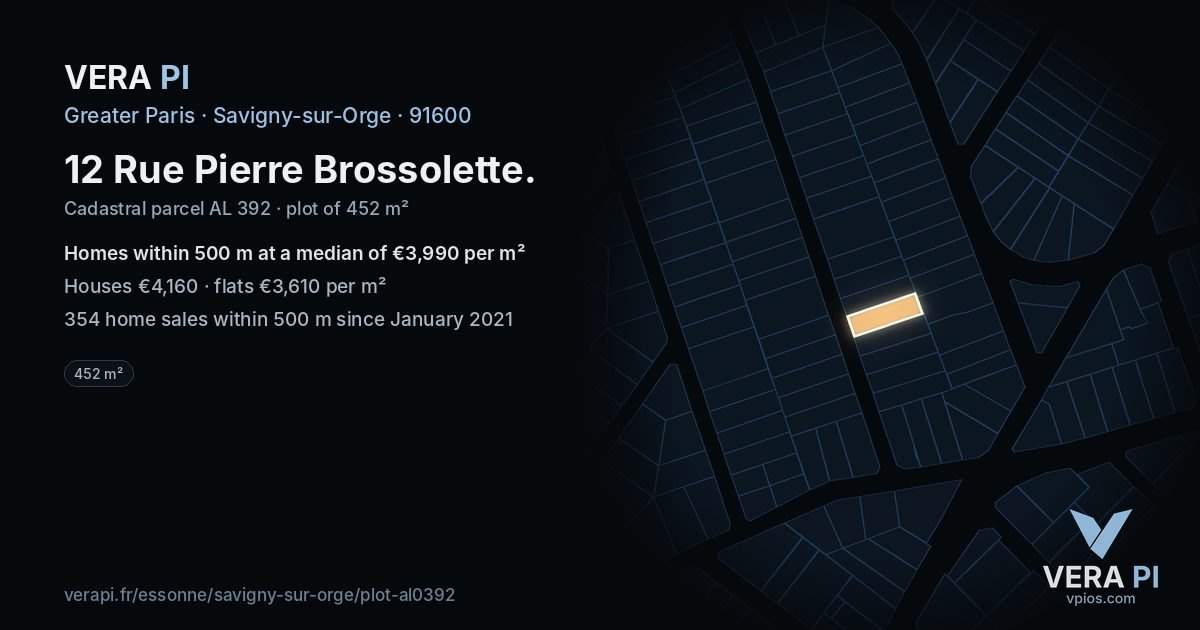 12 Rue Pierre Brossolette, Savigny-sur-Orge at night – the plot lit, the parcels around coloured by the prices near them