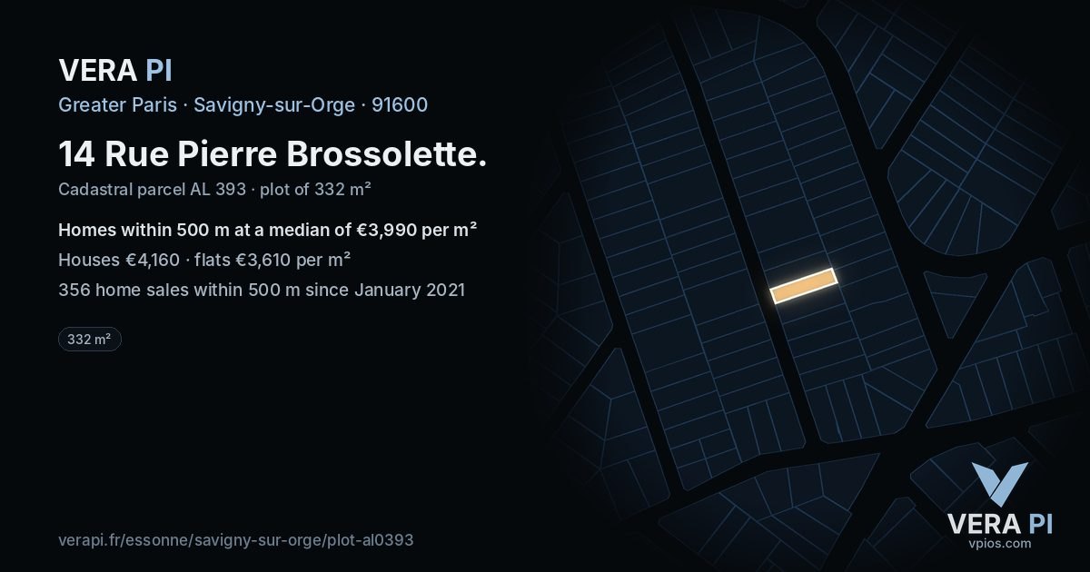 14 Rue Pierre Brossolette, Savigny-sur-Orge at night – the plot lit, the parcels around coloured by the prices near them