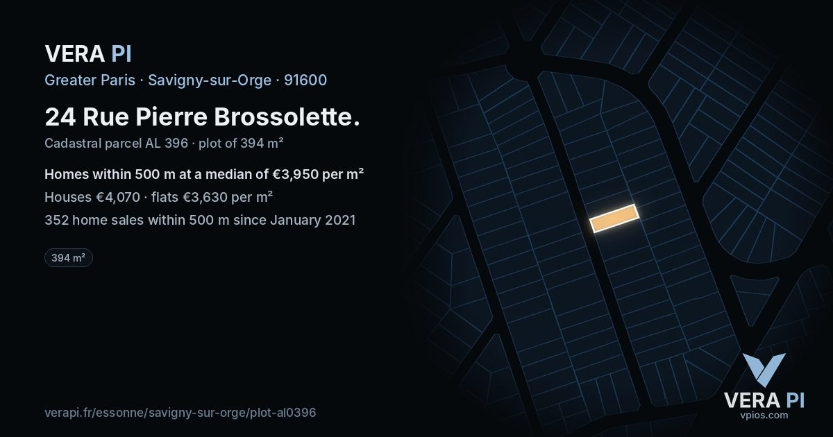 24 Rue Pierre Brossolette, Savigny-sur-Orge at night – the plot lit, the parcels around coloured by the prices near them