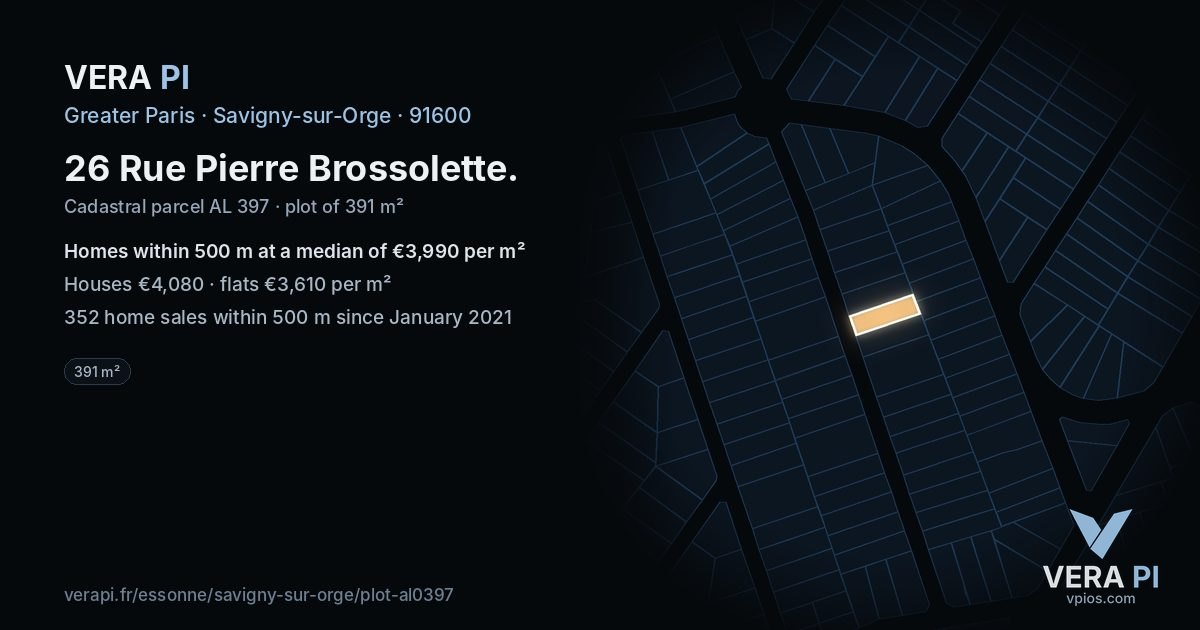 26 Rue Pierre Brossolette, Savigny-sur-Orge at night – the plot lit, the parcels around coloured by the prices near them