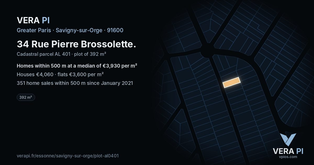 34 Rue Pierre Brossolette, Savigny-sur-Orge at night – the plot lit, the parcels around coloured by the prices near them