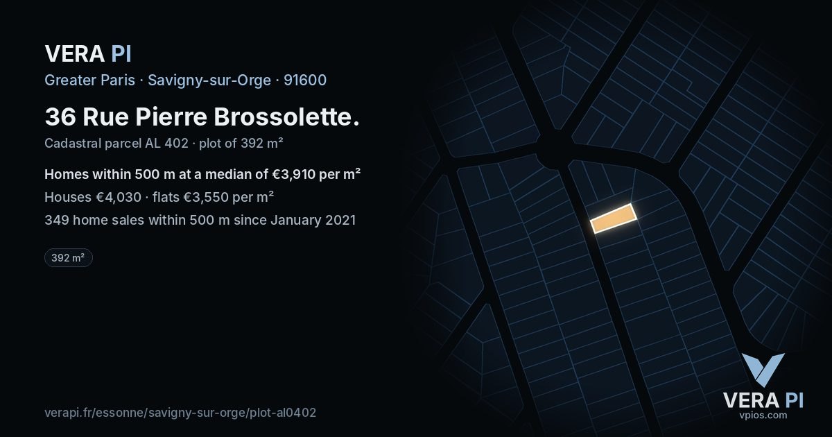 36 Rue Pierre Brossolette, Savigny-sur-Orge at night – the plot lit, the parcels around coloured by the prices near them