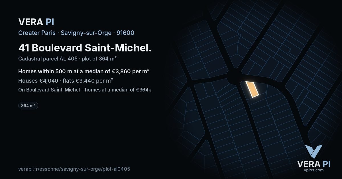 41 Boulevard Saint-Michel, Savigny-sur-Orge at night – the plot lit, the parcels around coloured by the prices near them