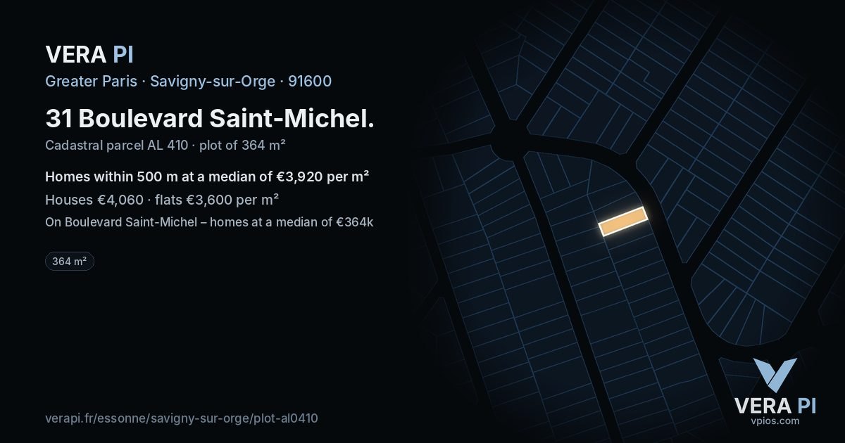 31 Boulevard Saint-Michel, Savigny-sur-Orge at night – the plot lit, the parcels around coloured by the prices near them