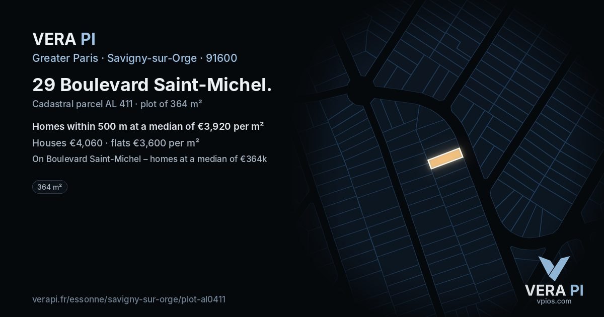29 Boulevard Saint-Michel, Savigny-sur-Orge at night – the plot lit, the parcels around coloured by the prices near them