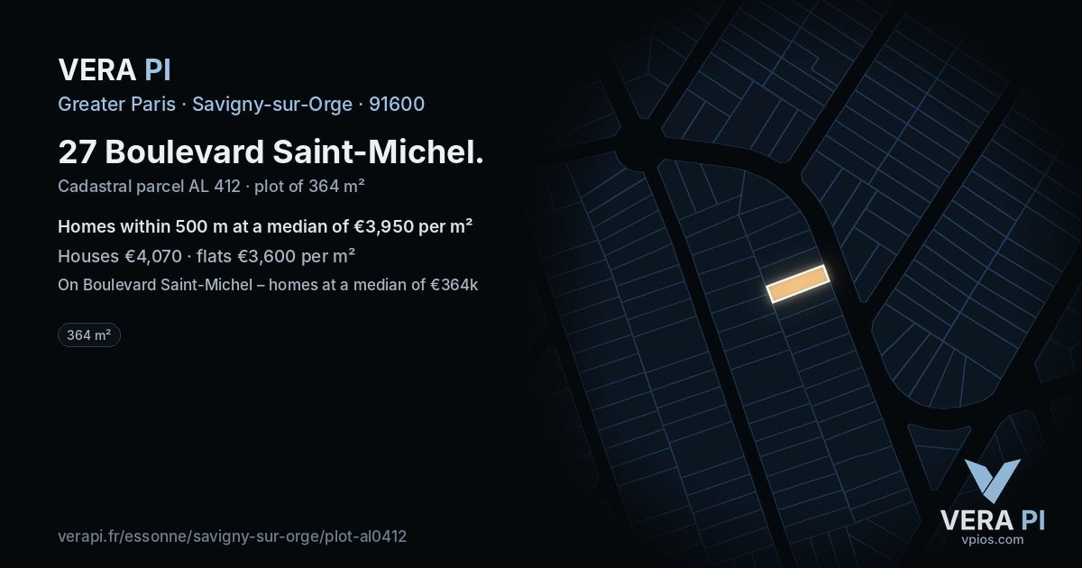 27 Boulevard Saint-Michel, Savigny-sur-Orge at night – the plot lit, the parcels around coloured by the prices near them