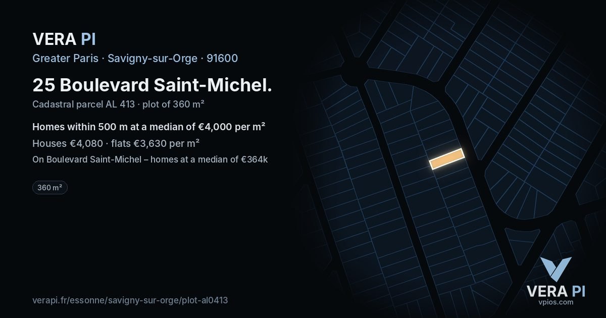 25 Boulevard Saint-Michel, Savigny-sur-Orge at night – the plot lit, the parcels around coloured by the prices near them