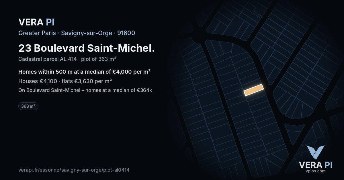 23 Boulevard Saint-Michel, Savigny-sur-Orge at night – the plot lit, the parcels around coloured by the prices near them