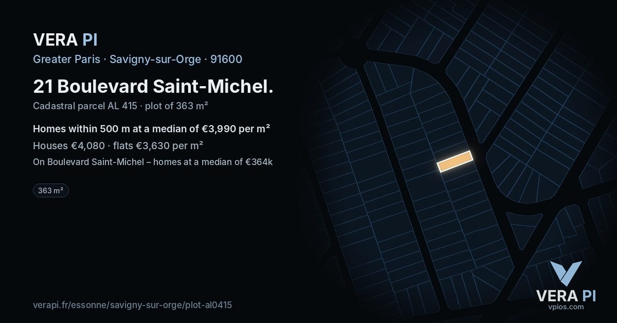 21 Boulevard Saint-Michel, Savigny-sur-Orge at night – the plot lit, the parcels around coloured by the prices near them