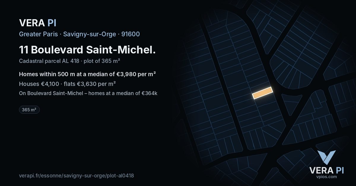 11 Boulevard Saint-Michel, Savigny-sur-Orge at night – the plot lit, the parcels around coloured by the prices near them