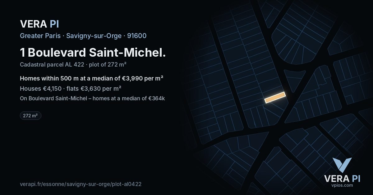 1 Boulevard Saint-Michel, Savigny-sur-Orge at night – the plot lit, the parcels around coloured by the prices near them