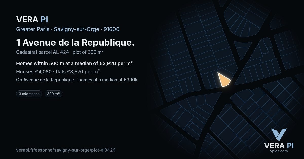 1 Avenue de la Republique, Savigny-sur-Orge at night – the plot lit, the parcels around coloured by the prices near them
