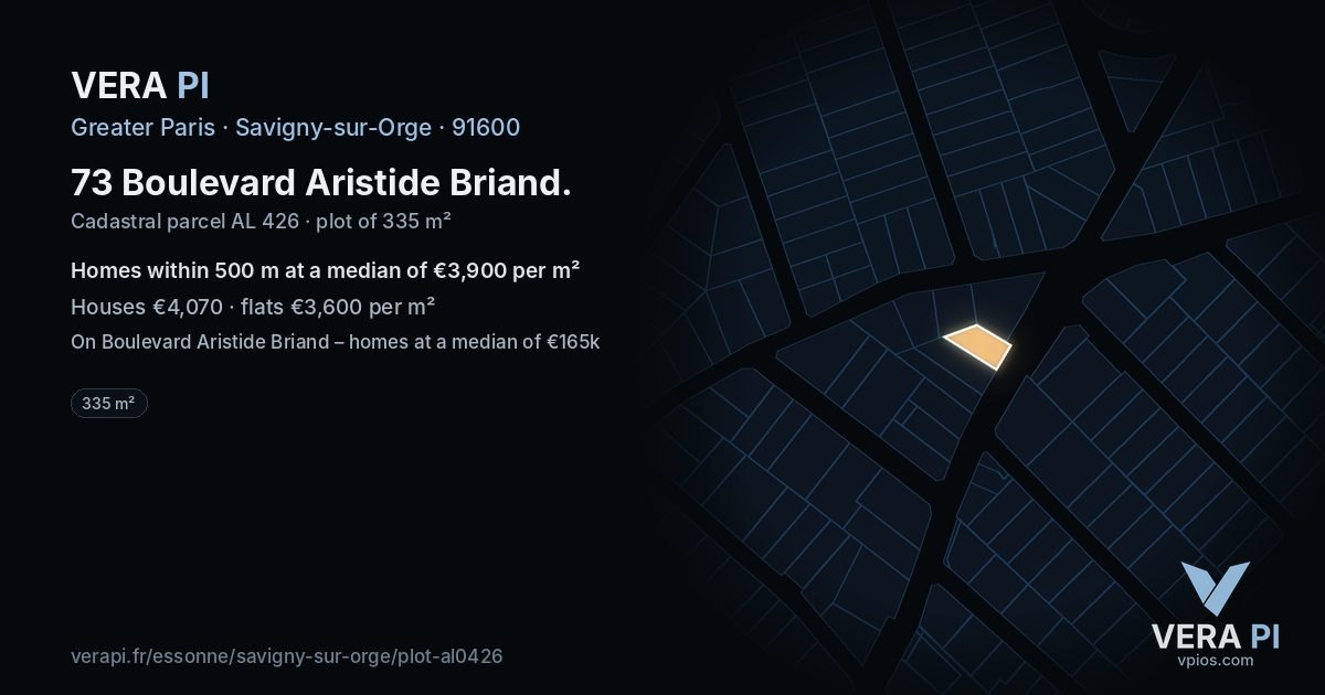 73 Boulevard Aristide Briand, Savigny-sur-Orge at night – the plot lit, the parcels around coloured by the prices near them