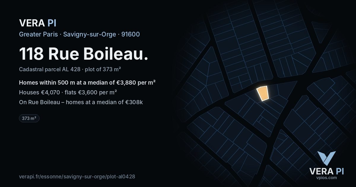 118 Rue Boileau, Savigny-sur-Orge at night – the plot lit, the parcels around coloured by the prices near them