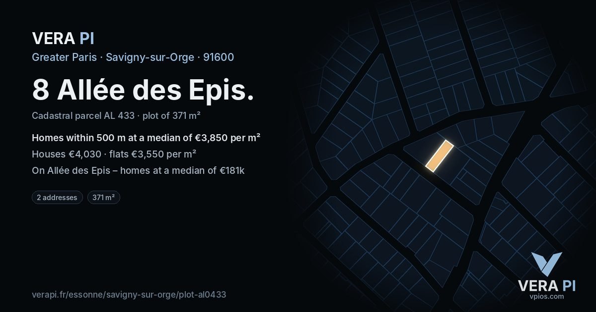 8 Allée des Epis, Savigny-sur-Orge at night – the plot lit, the parcels around coloured by the prices near them