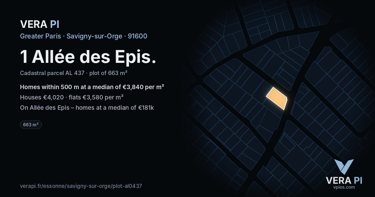 1 Allée des Epis, Savigny-sur-Orge at night – the plot lit, the parcels around coloured by the prices near them