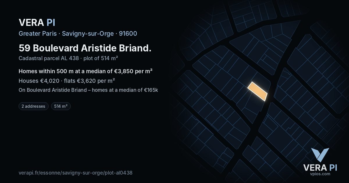 59 Boulevard Aristide Briand, Savigny-sur-Orge at night – the plot lit, the parcels around coloured by the prices near them