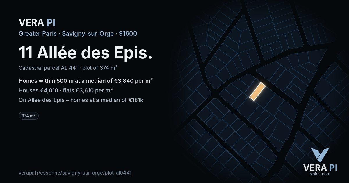 11 Allée des Epis, Savigny-sur-Orge at night – the plot lit, the parcels around coloured by the prices near them