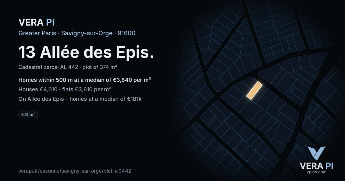 13 Allée des Epis, Savigny-sur-Orge at night – the plot lit, the parcels around coloured by the prices near them